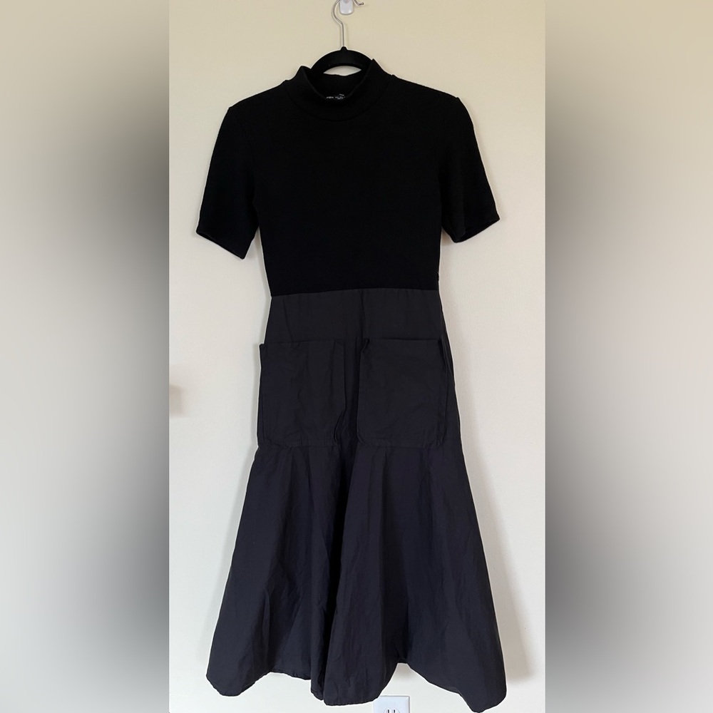 Women’s Zara Black contrast mixed material short sleeve dress w/front pockets S